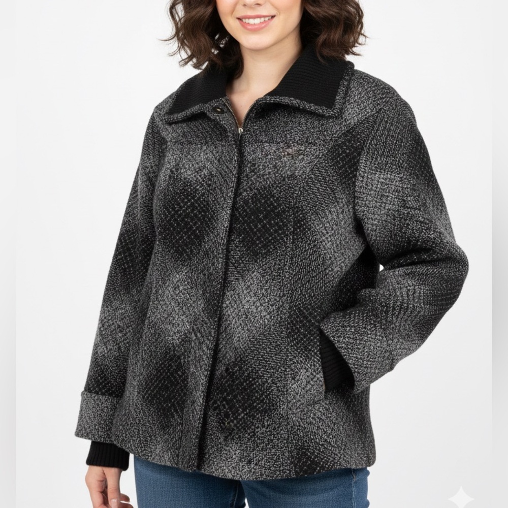 CHICOS Wool Blend Zip/Snap White Grey and Black Plaid Jacket Size 3